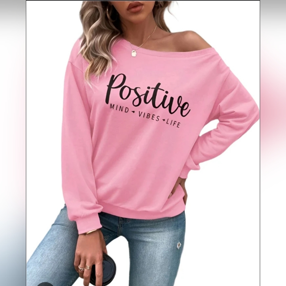 SHEIN Positive Off-the-Shoulder Pullover Sweatshirt in Pink Size Small Juniors‎